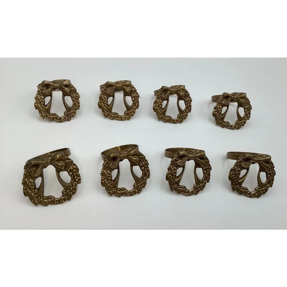 Vintage Brass Wreath Napkin Rings Set of 8 Christmas Bow Holiday Table Decor
